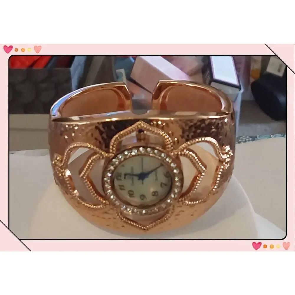 DANIEL MOSHAIN Rose Gold Filigree Cut Out Wide Cuff Bangle Bracelet Watch
